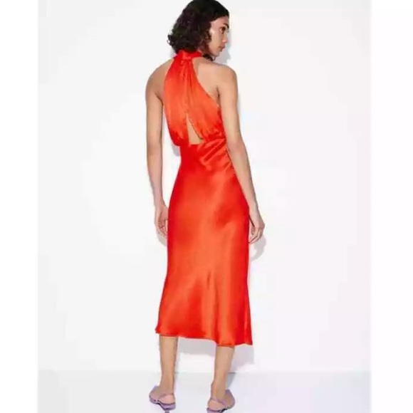 Zara Orange Halter Neck Silk Maxi Midi Dress Medium - Picture 4 of 7